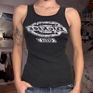 Dickies Womens Black Ribbed Graphic Tank Top Distressed Logo Size XL